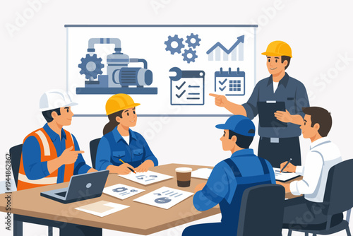Vector Illustration of a Team of Engineers and Technicians in a Meeting Discussing Industrial Machine Maintenance, Improvement Planning, and Production Efficiency in a Factory Office Setting.