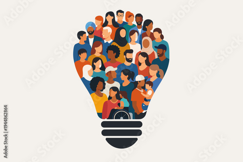 Diverse Group of People in a Light Bulb Shape Flat Vector Illustration, Symbolizing Innovation, Inclusion, Creativity, Teamwork, and Social Equity for Global Community and Collective Ideas.