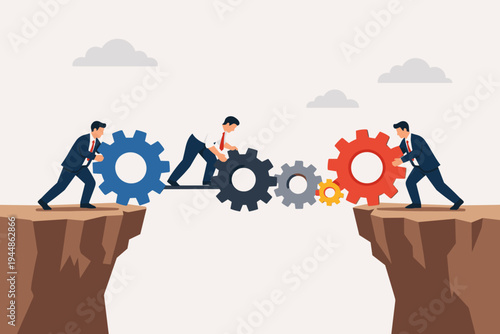 Businessmen Working Together to Bridge a Gap Between Two Cliffs Using Gears and Cogs, Concept of Teamwork, Collaboration, Problem Solving, and Strategic Synergy, Simple Flat Vector Illustration