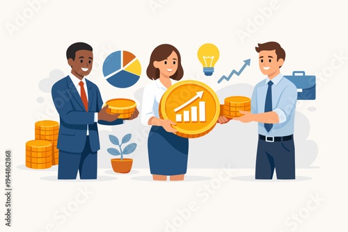 Business People Sharing Profits and Financial Growth Vector Illustration of Diverse Professional Team Holding Gold Coins with Bar Charts and Pie Charts for Investment Success and Teamwork Concept