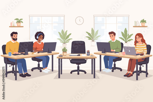 Modern open-plan office vector illustration with diverse employees working on computers at their desks, featuring one empty workstation, indoor plants, and a clean professional workspace.
