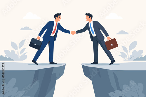 Two businessmen in suits shaking hands across a deep gap between two cliffs, symbolizing a successful resolution, bridge building, partnership, agreement, and overcoming business challenges.