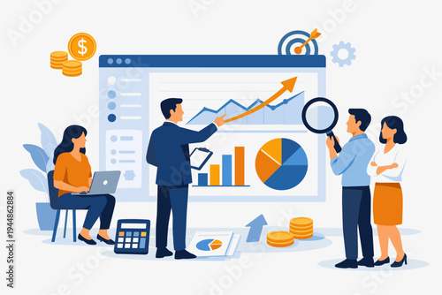 Business Team Analyzing Financial Growth and Monitoring Performance on a Large Digital Dashboard with Charts, Graphs, and Icons. Professional People Working Together on Marketing and Investment.