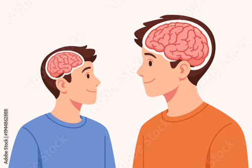 Flat vector illustration of two men with different brain sizes looking at each other, representing human intelligence, mental growth, cognitive development, knowledge, and learning capacity.