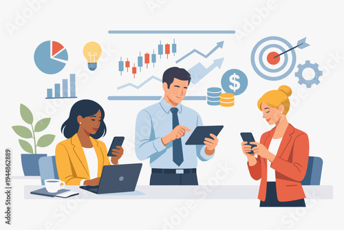 Diverse business team working in a modern office environment, analyzing financial market trends and investment strategies using laptops, tablets, and smartphones with data charts and graphs.