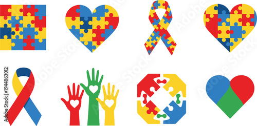 Autism Awareness Icon Set with Puzzle Pattern Hearts, Ribbon, Helping Hands, and Colorful Symbols Representing Support, Inclusion, Neurodiversity, and Community Care
