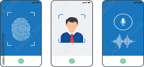 Biometric Authentication Methods on Smartphone Screens Featuring Fingerprint Scan, Facial Recognition, and Voice Identification for Secure Mobile Login and Digital Identity Verification