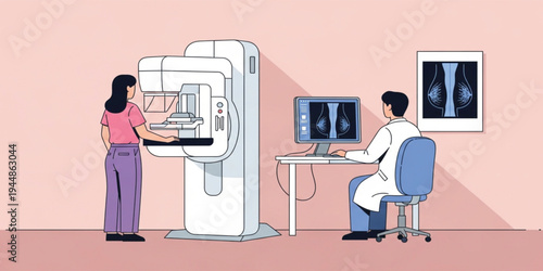 Breast Cancer Screening with Mammography Machine and Doctor Analyzing Mammogram Results, Women Health Checkup and Early Detection Medical Concept Illustration
