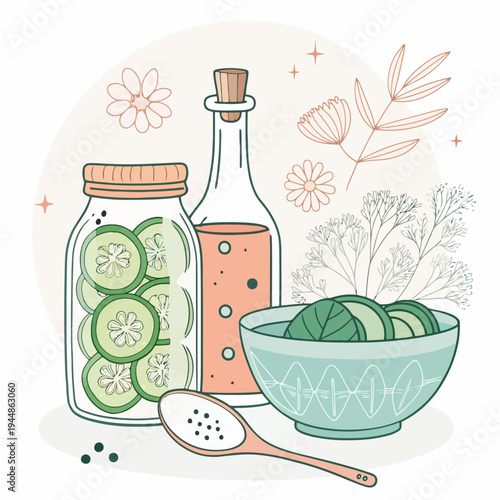 Homemade Pickled Cucumbers in Jars and Bowl with Oil Bottle and Herbs