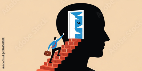 Businessman Climbing Stairs Inside Human Mind Toward Open Door Symbolizing Personal Growth, Career Development, Opportunity, Success Mindset and Leadership Vision Concept