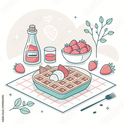Sweet breakfast waffles adorned with fresh strawberries and a drizzle of syrup, a delightful and refreshing morning meal illustration