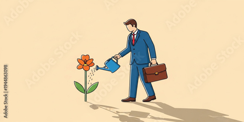 Businessman Watering Growing Flower with Watering Can Representing Business Growth, Investment Care, Nurturing Ideas and Long Term Success Development Concept