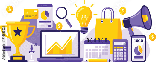 Digital Marketing and Business Growth Illustration with Trophy, Laptop Analytics Chart, Megaphone, Shopping Bag, Calculator, Credit Card, and Light Bulb Idea Concept