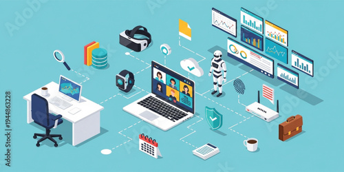 Digital Technology Ecosystem with Laptop Video Conference AI Robot Cloud Computing Data Analytics and Smart Devices Connected Network Concept Illustration