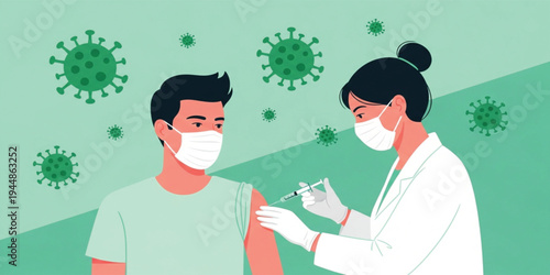 Doctor Giving Vaccine Injection to Patient Wearing Face Mask with Virus Icons Background, Immunization and Coronavirus Vaccination Healthcare Concept Vector Illustration