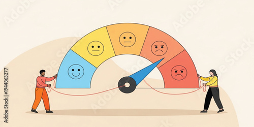 Emotional Balance and Mood Control Concept with People Adjusting Emotion Meter Gauge Showing Happiness, Neutral, and Anger Levels for Mental Health Awareness