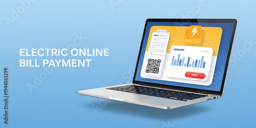 Electric Online Bill Payment Concept with Laptop Showing Digital Electricity Invoice, QR Code Scan, Energy Usage Chart and Pay Button Interface
