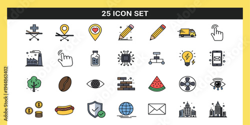 Minimal Flat Icon Set with Location Pin, Pencil, Truck, Smartphone, Globe, Email, Factory, and Business Symbols Vector Illustration Collection
