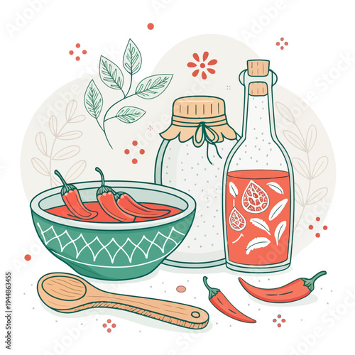 Hand-drawn illustration of spicy cooking ingredients fresh red chili peppers, chili oil, salt, bowl, and spoon, perfect for culinary and kitchen-themed designs