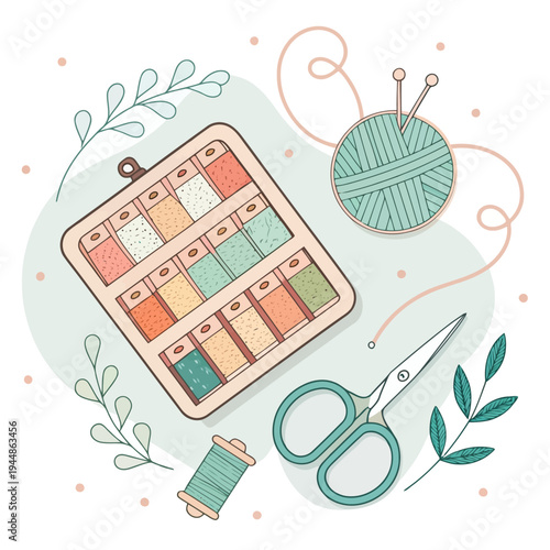 Creative Crafting Essentials Flat Lay Illustration with Sewing and Knitting Supplies for DIY Projects and Hobbies