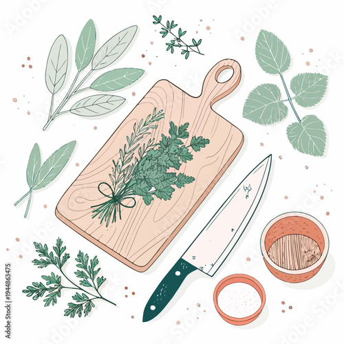 Fresh Herbs and Spices Arranged with Cutting Board and Knife for Culinary Preparation