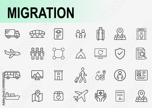 Migration and refugee travel icons set, outline symbols for global immigration border crossing asylum seekers and human movement vector illustration