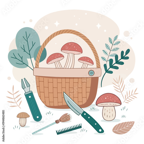 Basket of Fresh Forest Mushrooms and Foraging Tools