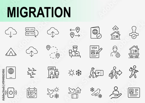Migration and immigration outline icons set, symbols for international travel visa processing refugee movement and data transfer vector illustration