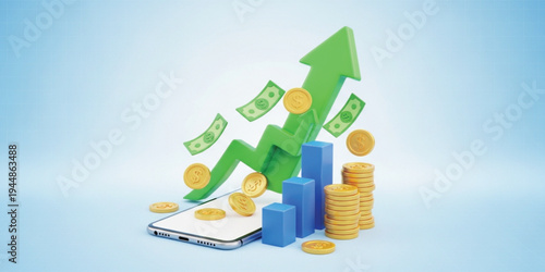 Mobile Finance Growth Concept with Smartphone Rising Arrow Bar Chart Cash Money and Coins for Online Investment Profit and Digital Banking Illustration