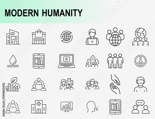 Modern humanity and global community icons set, outline symbols for society lifestyle technology peace and social connectivity vector illustration