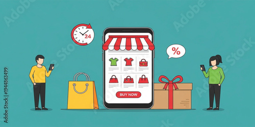 Mobile Online Shopping Concept with Smartphone Storefront, Buy Now Button, Discount Offer and Customers Using Smartphones for Ecommerce Retail Purchases