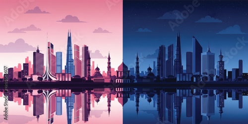 Modern City Skyline Split Between Day and Night with Urban Skyscrapers Reflection Over Water for Travel Architecture and Futuristic Background Design