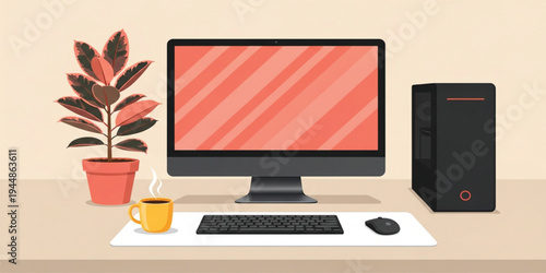 Modern Desktop Computer Workspace with Monitor Keyboard Mouse and PC Tower on Desk, Home Office Technology Setup with Plant and Coffee Cup Illustration