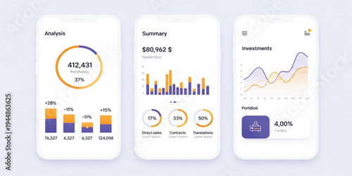Modern Financial Mobile App User Interface Design with Data Analysis Charts, Investment Summary, Portfolio Tracking, and Purple and Orange Business Infographics