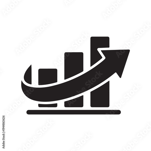Black bar graph icon with upward arrow on white background
