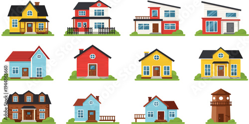 Modern House Collection with Colorful Residential Buildings and Family Home Exteriors Cartoon Style Architecture Set for Real Estate and Property Design