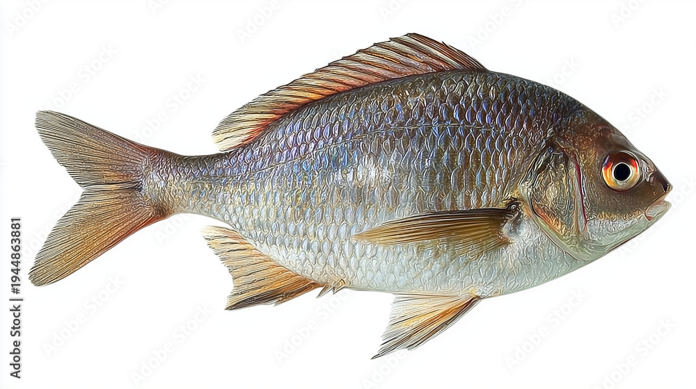 Obraz premium Detailed digital illustration of a red sea bream fish featuring shimmering iridescent scales and vibrant fins isolated on a white background, ideal for seafood menus and marine biology themes