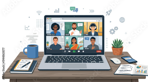 Flat vector illustration of an online corporate meeting with diverse team members participating via video conference on a laptop