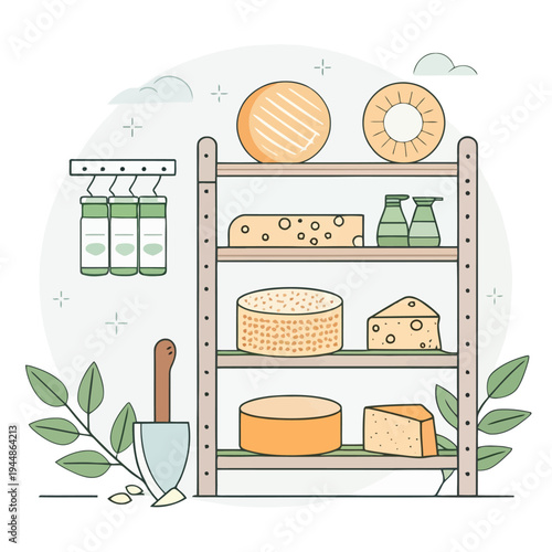 Fresh Artisan Cheese Assortment Displayed on Wooden Shelves with Greenery