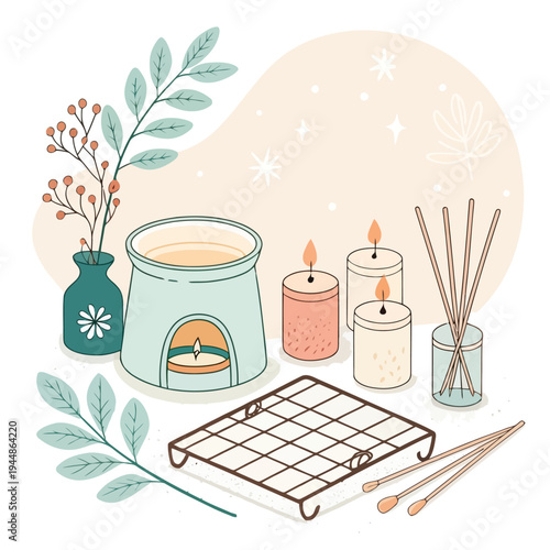 Cozy home ambiance with lit candles and diffuser for relaxation