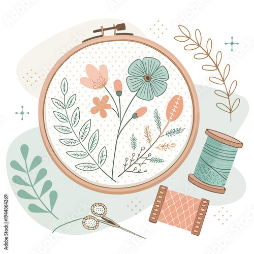 Delightful illustration of an embroidery hoop featuring a delicate floral pattern, accompanied by essential sewing tools for a relaxing craft project