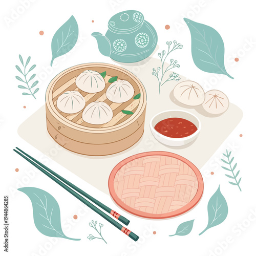 Delicious Dim Sum and Steaming Teapot A Culinary Illustration of Asian Delights