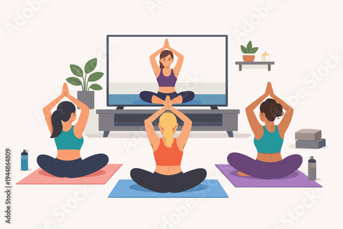 Group of women practicing yoga at home following an online fitness instructor on a large TV screen. Healthy lifestyle, meditation, and wellness concept in a flat vector illustration style.
