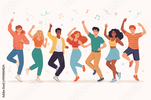 Diverse Group of Happy Young People Dancing Together at a Party or Celebration, Flat Vector Illustration of Men and Women Having Fun with Music Notes and Confetti on a Light Background