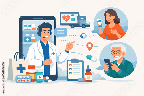 Online Pharmacy Concept with Pharmacist Consulting Patients via Mobile App for Medicine Delivery and Healthcare Services. Flat Vector Illustration of Telemedicine and Digital Health Solutions.