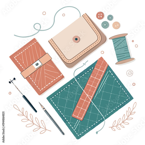 Overhead view of various handcrafted leather and fabric accessories with essential sewing and crafting tools arranged for DIY project concepts