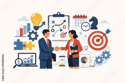 Business partnership and strategic planning concept illustration with professional man and woman shaking hands surrounded by icons for ideas, growth, goals, management, coordination, and success.
