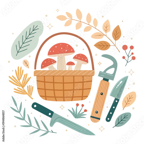 Harvest of Fresh Mushrooms and Foraging Tools in a Whimsical Autumn Illustration