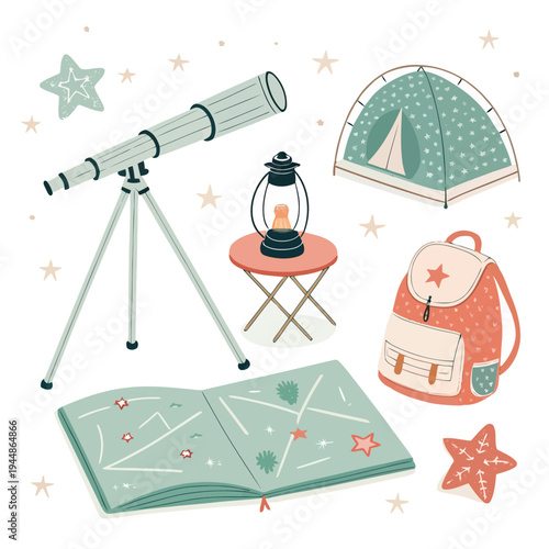 Charming illustration of outdoor camping and stargazing essentials including a telescope, tent, backpack, and star chart, perfect for a night adventure