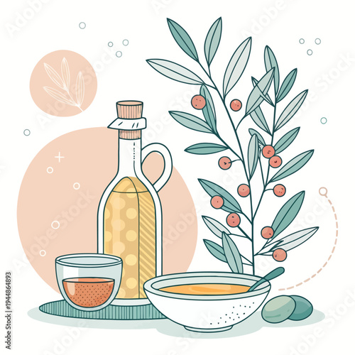 Vibrant Illustration of Healthy Mediterranean Cuisine Olive Oil, Fresh Produce, and Wholesome Food for Balanced Living and Natural Well-being